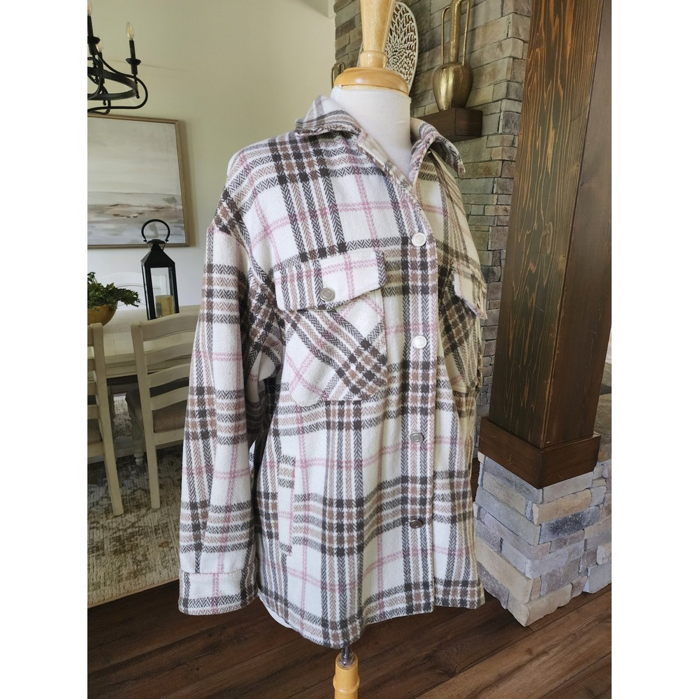 Vine & Love Boutique Womens Plaid Shacket Medium Pink Herringbone Flannel
